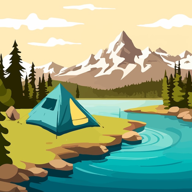 Ilustración vectorial del concepto de arte de camping de hermosos paisajes de montañas, bosques y diseño de tiendas de campaña para