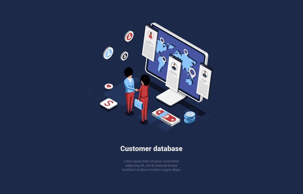 Ilustración vectorial en el concepto de base de datos de clientes Composición 3D isométrica en estilo de dibujos animados Gente de pie cerca del monitor de la computadora con mapa mundial en pantalla Infografía de apretón de manos de empresarios
