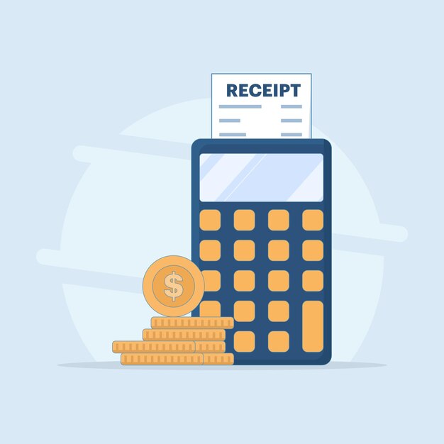 Ilustración vectorial del concepto de cálculo financiero con calculadora con memorándum y monedas
