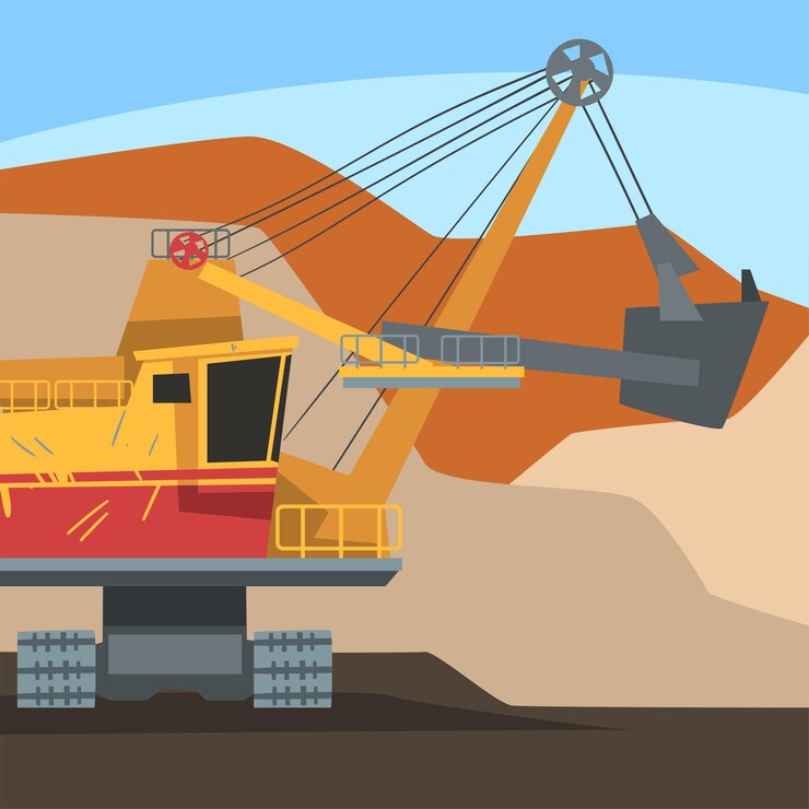 Vector ilustración vectorial del concepto de camión de descarga en una cantera minera de la industria metalúrgica