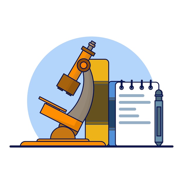 Ilustración vectorial del concepto científico con microscopio con libro