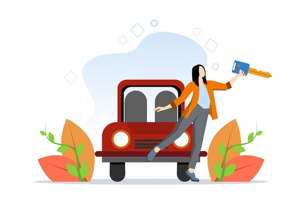 Ilustración vectorial del concepto de compra de automóviles con el cliente feliz de comprar un automóvil nuevo