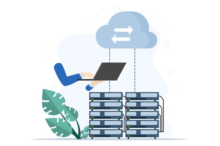 Vector ilustración vectorial del concepto de computación en nube en un centro de datos para la gestión de archivos en línea
