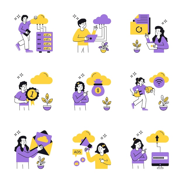 Ilustración vectorial del concepto de computación en nube Conjunto 3 aislado en fondo blanco