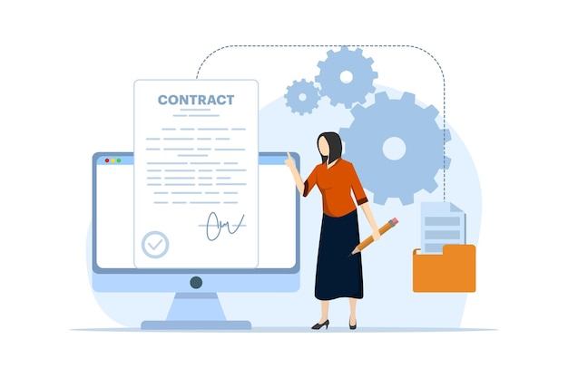 Ilustración vectorial del concepto de contrato comercial con carácter de firma del acuerdo de contrato