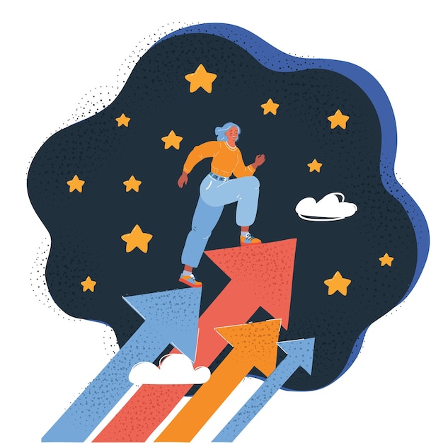 Ilustración vectorial del concepto de crecimiento de la carrera de inicio de la mujer camina hacia arriba flecha en el cielo estrellado