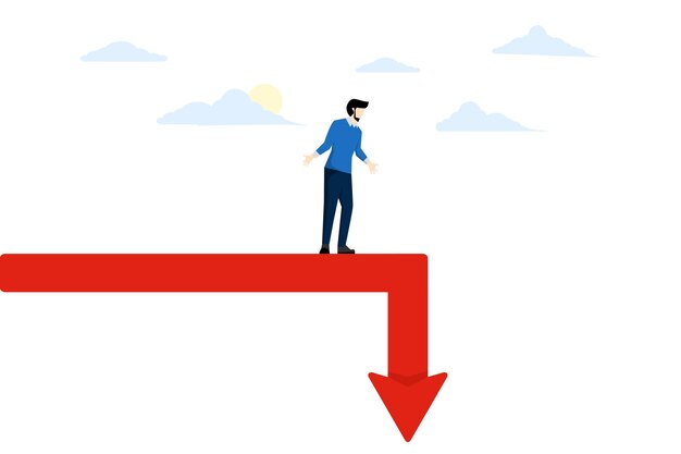 Ilustración vectorial del concepto de crisis financiera con el empresario parado en un gráfico en caída