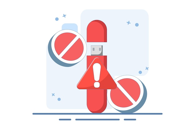 Ilustración vectorial del concepto de disco flash o unidad flash USB peligrosa o disco flash con exclamación