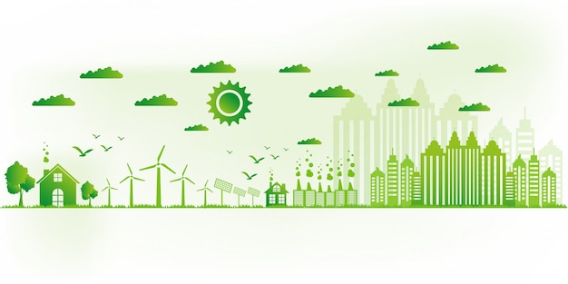 Ilustración vectorial Concepto ecológico, ciudad verde salva el mundo,