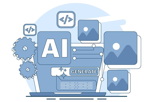 Ilustración vectorial Concepto de entrenamiento de modelos generativos de IA utilizando grandes datos en el aprendizaje automático
