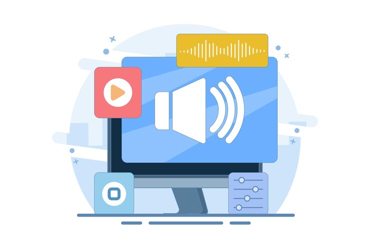 Vector ilustración vectorial del concepto de escuchar contenido de audio y multimedia o contenido multimedia