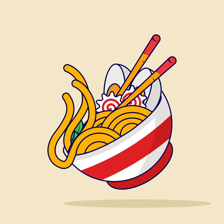 Vector ilustración vectorial del concepto de fideos ramen con palillos de dibujos animados flotantes