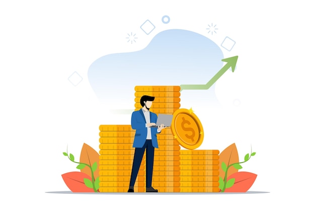 Ilustración vectorial del concepto de finanzas e inversiones con un hombre de negocios de pie sobre una pila de monedas