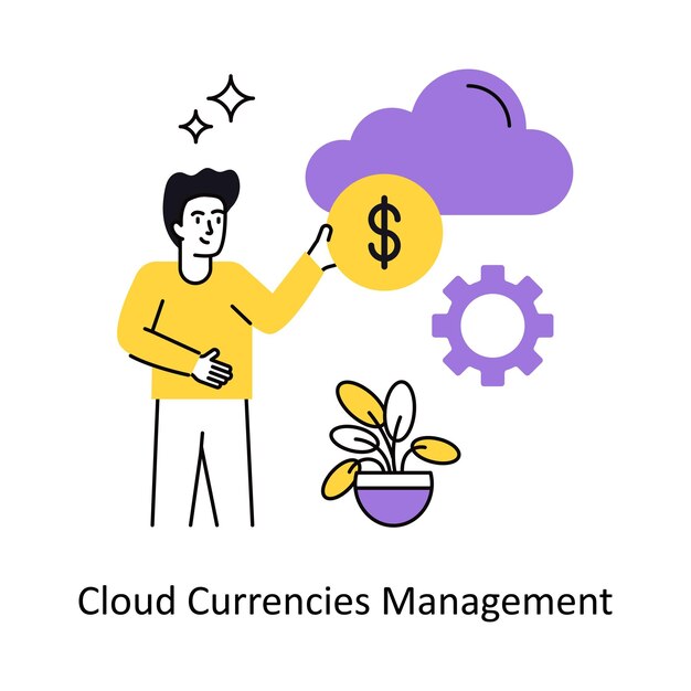 Ilustración vectorial del concepto de gestión de monedas en la nube aislada en fondo blanco