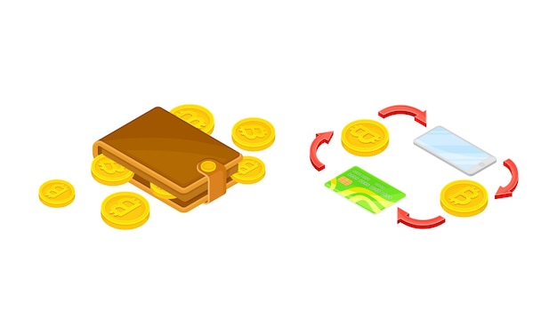 Ilustración vectorial del concepto de intercambio de bitcoin para la transferencia de bitcoins a la tecnología de criptomoneda