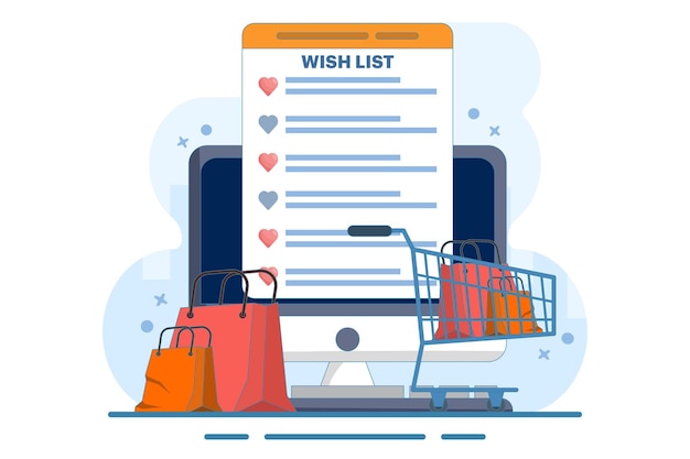 Ilustración vectorial del concepto de la lista de deseos de compras o la lista de desejos de productos en línea