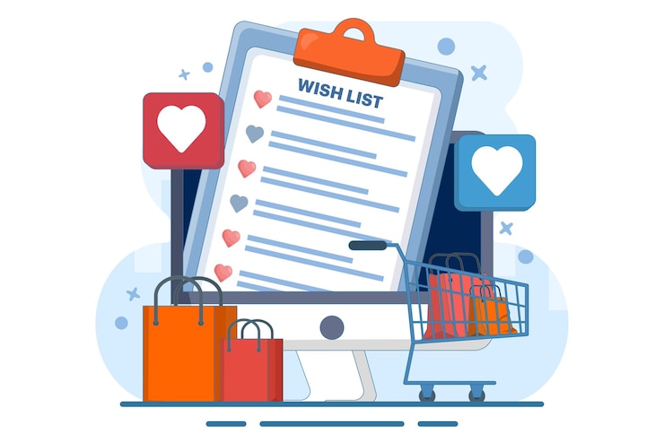 Vector ilustración vectorial del concepto de la lista de deseos de compras o la lista de desejos de productos en línea