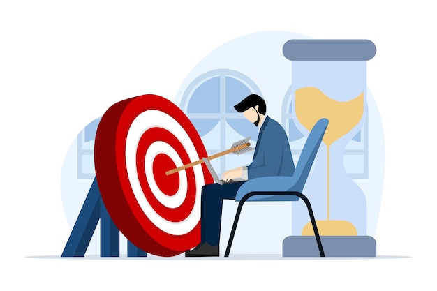 Ilustración vectorial del concepto de mantenerse enfocado con un hombre trabajando con una meta