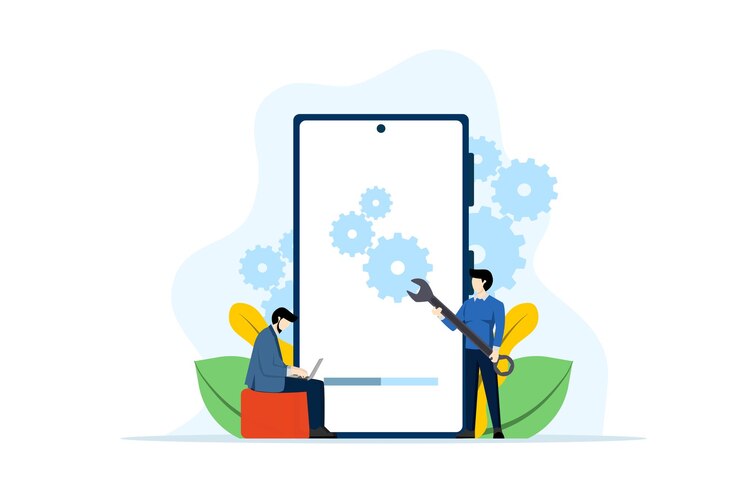 Vector ilustración vectorial del concepto de mantenimiento del sistema o del proceso de actualización de software