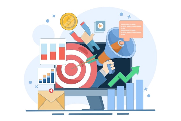 Ilustración vectorial Concepto de marketing digital en línea o campaña de publicidad y promoción en línea