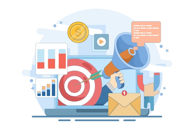 Ilustración vectorial Concepto de marketing digital en línea o campaña de publicidad y promoción en línea