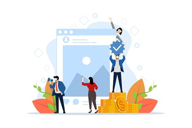 Ilustración vectorial del concepto de monetización de blogs para ganar dinero en línea o equipo SMM