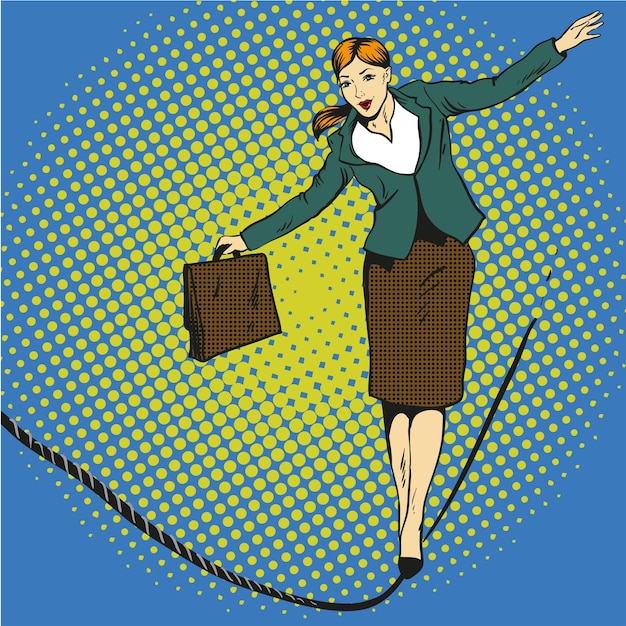 Ilustración vectorial de concepto de negocio en estilo de arte pop cómico retro Mujer de negocios caminando en una cuerda apretada