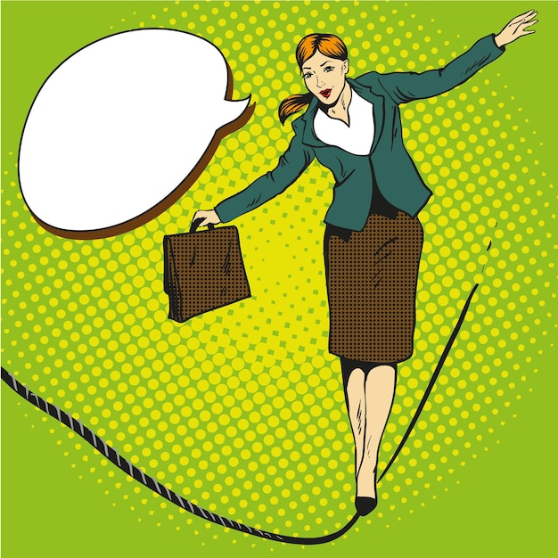 Ilustración vectorial de concepto de negocio en estilo de arte pop cómico retro Mujer de negocios caminando en una cuerda apretada
