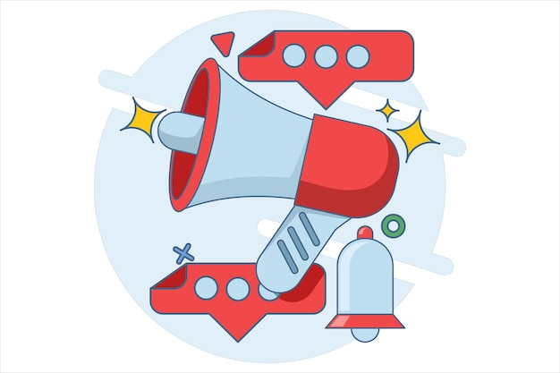 Ilustración vectorial del concepto de notificación por llamada con megáfono y herramientas emergentes
