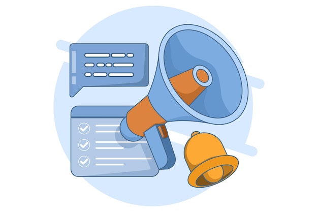 Ilustración vectorial del concepto de notificación por llamada con megáfono y herramientas emergentes