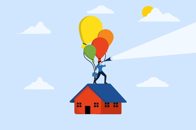 ilustración vectorial del concepto de oportunidad de inversión en vivienda con propietario con telescopio