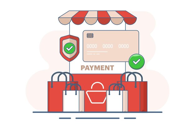 Ilustración vectorial del concepto de la página de pago de comercio electrónico con métodos de pago en el carrito de compras
