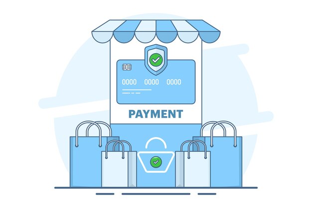 Ilustración vectorial del concepto de la página de pago de comercio electrónico con métodos de pago en el carrito de compras