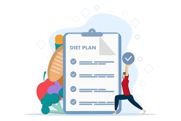 ilustración vectorial de un concepto de plan de dieta con planificación de comidas y consultoría nutricional para una dieta