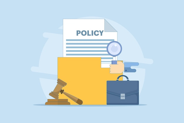 Ilustración vectorial del concepto de política jurídica con el documento de política y el diseño del martillo de los jueces