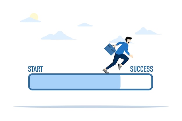 Ilustración vectorial del concepto de progreso desde el inicio hasta el éxito con el empresario corriendo hacia el éxito
