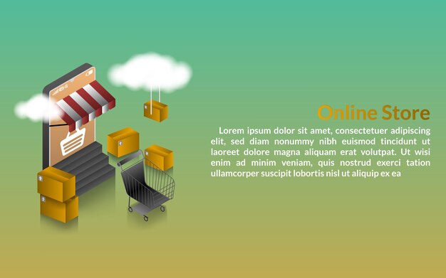 Ilustración vectorial concepto realista isométrico tienda tienda abierta en emblema móvil signo aislado
