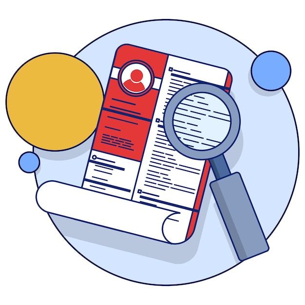 Ilustración vectorial del concepto de reclutamiento de puestos de trabajo con CV en el portapapeles con lupa