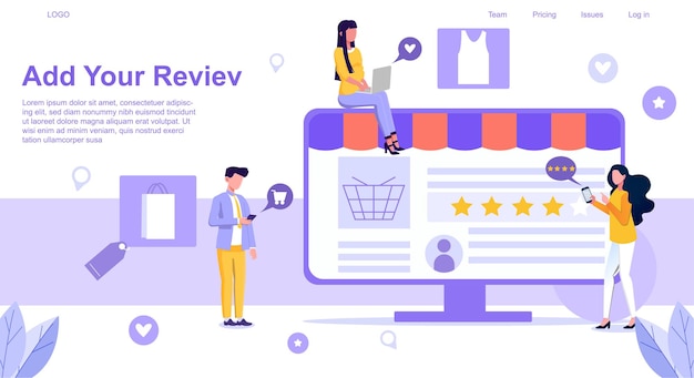 Ilustración vectorial del concepto de revisión del cliente de la calificación de la tienda aplicación móvil y informática para compras