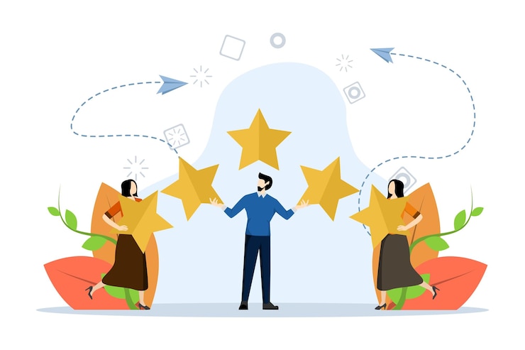Vector ilustración vectorial del concepto de revisión del cliente con diferentes personas dando calificaciones de revisión