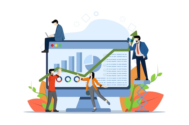 Ilustración vectorial del concepto de servicio Dashboard con indicadores clave de rendimiento con caracteres