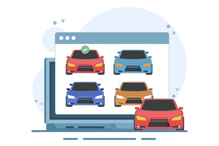 Vector ilustración vectorial concepto de sitio web de compra de automóviles en línea o sitio web de comparación de tiendas de alquiler de automóviles
