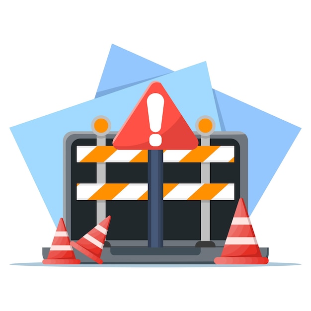 Ilustración vectorial del concepto de sitio web en mantenimiento o portátil con herramientas de reparación y señal de advertencia
