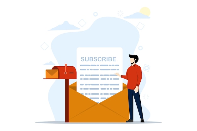 Ilustración vectorial del concepto de suscripción con un hombre de pie y mostrando la carta de suscripción