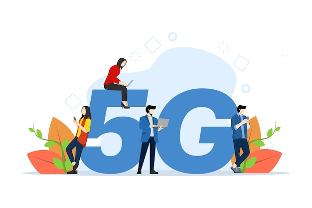 Ilustración vectorial del concepto de tecnología inalámbrica de red 5G con el letrero People near 5G