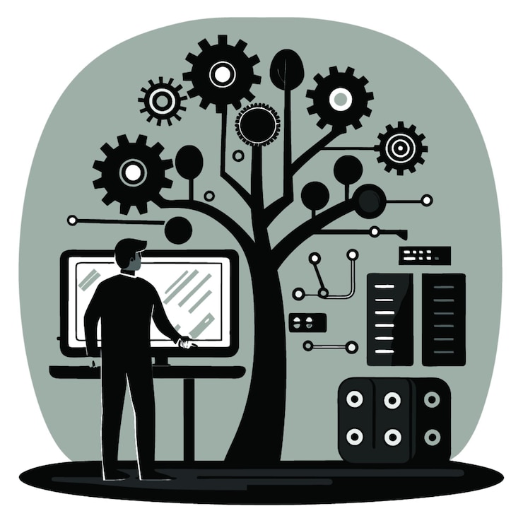 Vector ilustración vectorial de concepto tecnológico con elementos de diseño de algoritmo de estilo plano