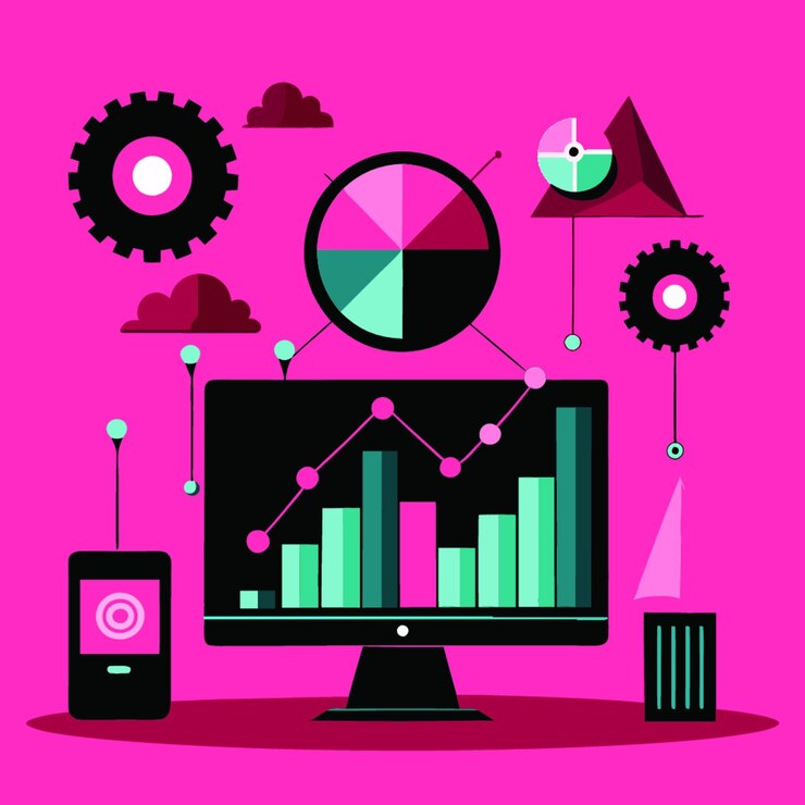 Vector ilustración vectorial de concepto tecnológico con elementos de diseño analítico de estilo plano