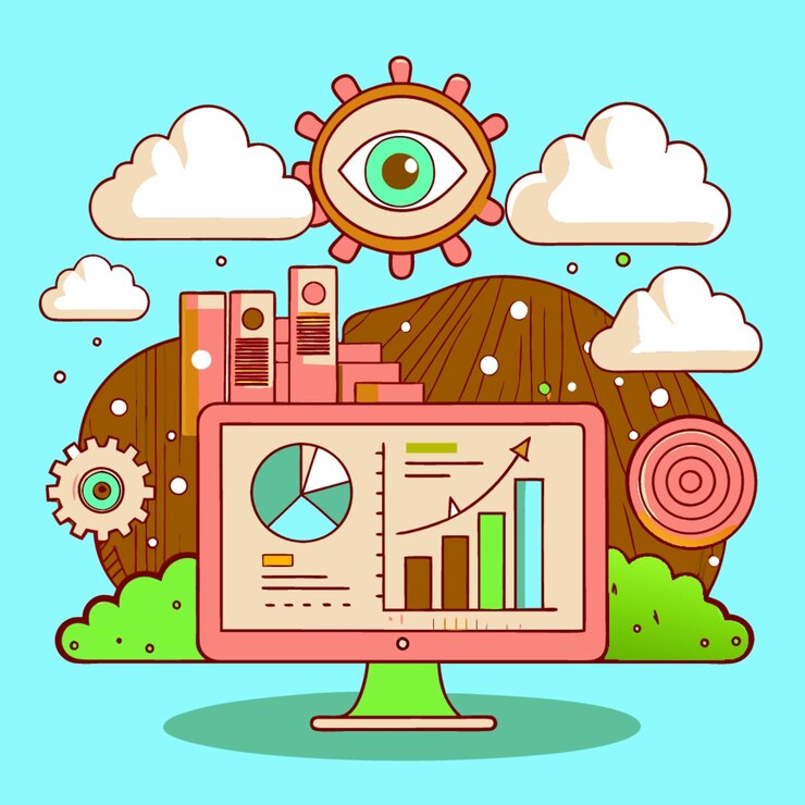 Vector ilustración vectorial de concepto tecnológico con elementos de diseño analítico de estilo plano