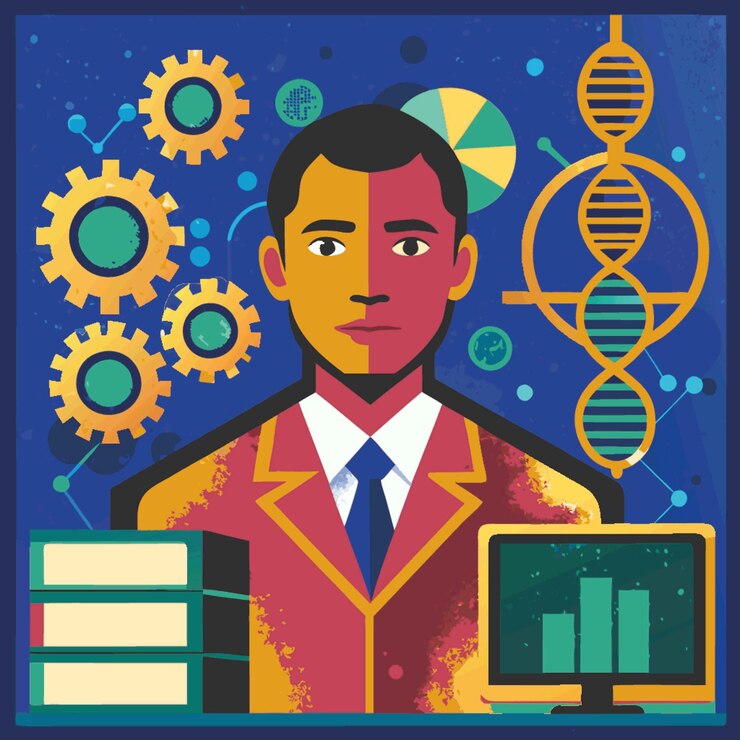 Vector ilustración vectorial de concepto tecnológico con elementos de estilo plano de diseño de bioinformática