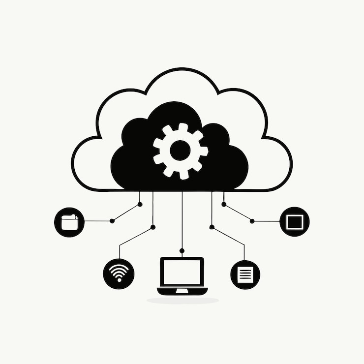 Vector ilustración vectorial de concepto tecnológico con elementos de estilo plano de diseño de computación en la nube
